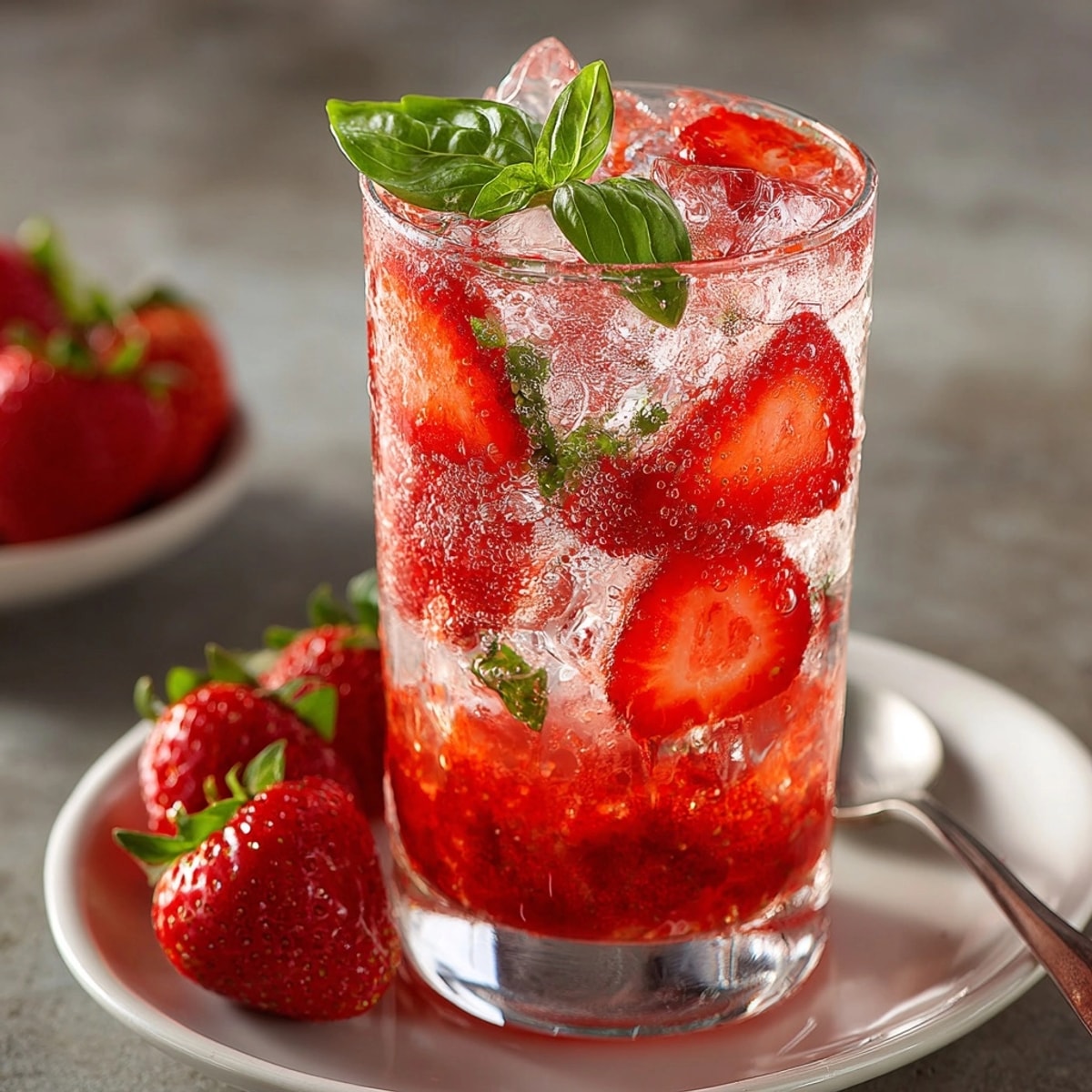 Sparkling Strawberry Basil Lemonade bursting with fresh fruit, ice cubes, and basil garnish in a chilled glass.