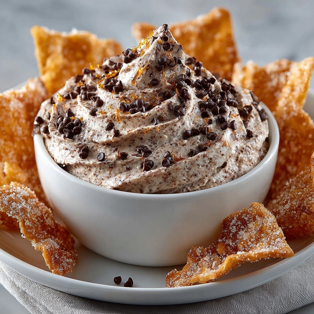 Chocolate Ricotta Cinnamon Chips displayed with golden cinnamon sugar chips surrounding creamy chocolate ricotta dip