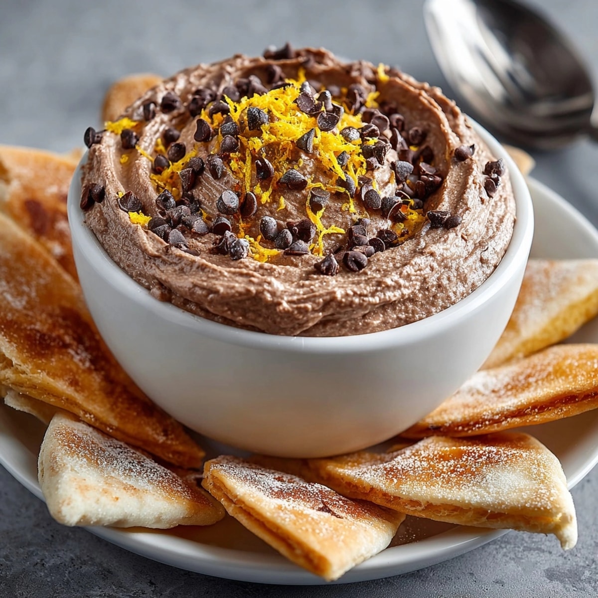 Close-up of Chocolate Ricotta Cinnamon Chips snack, crispy homemade chips beside chocolate-studded ricotta dip