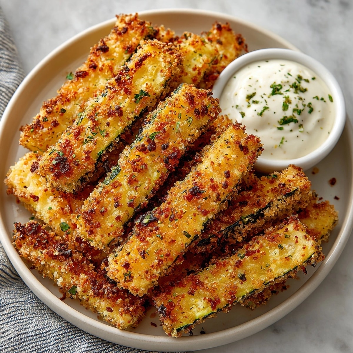 Crispy Parmesan Zucchini Fries served golden brown with creamy garlic dip, perfect for snacking.