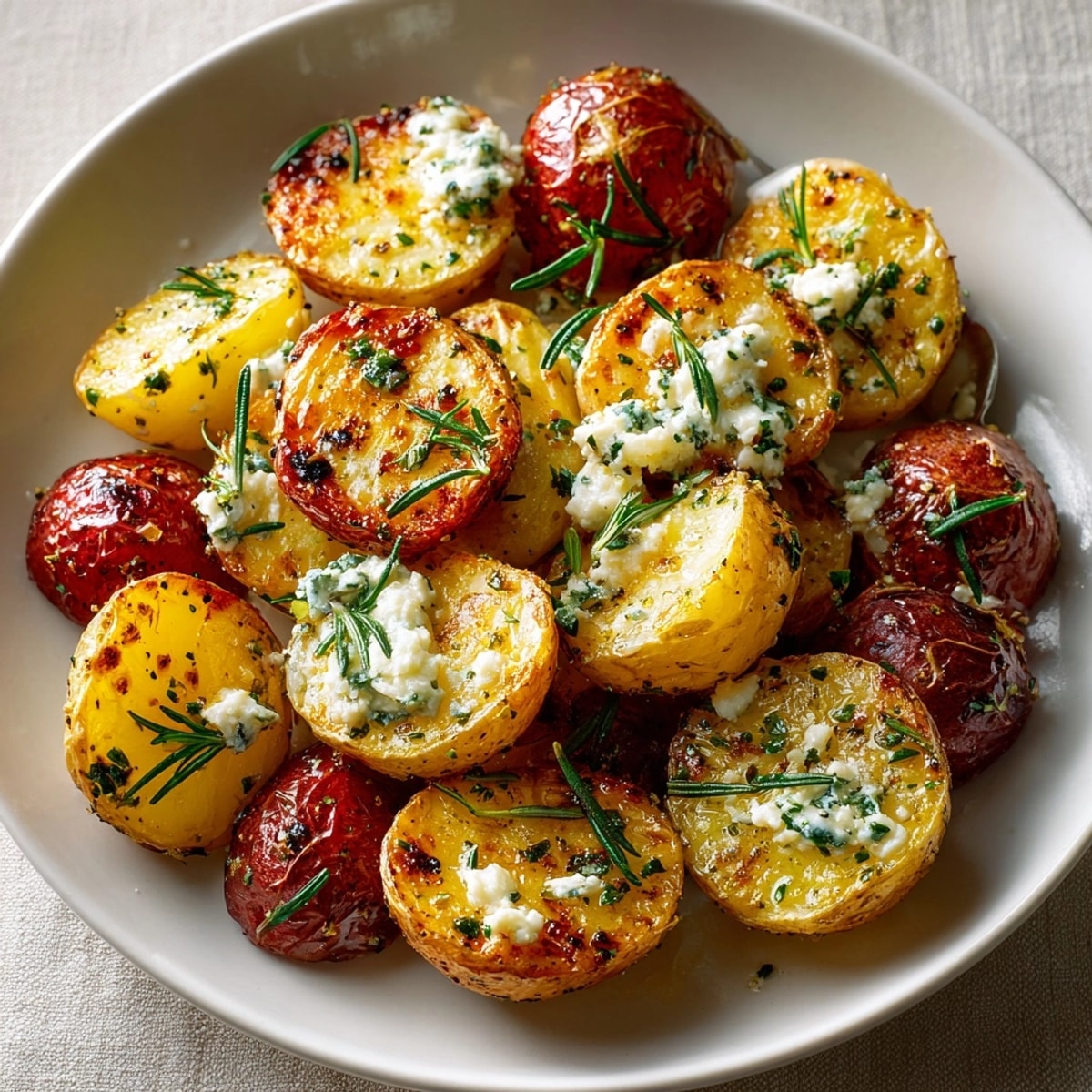 Garlic Rosemary Roasted Potatoes with creamy lemon ricotta, golden edges, and fresh herb garnish.