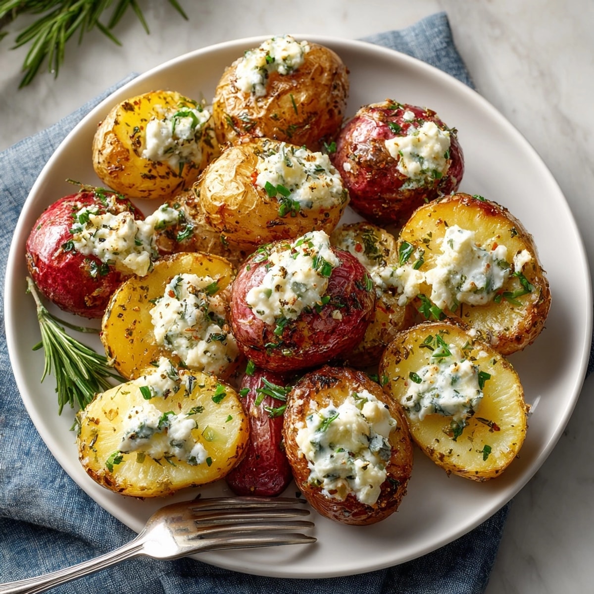 Platter of Garlic Rosemary Roasted Potatoes served warm with zesty ricotta and rustic herbal aroma.