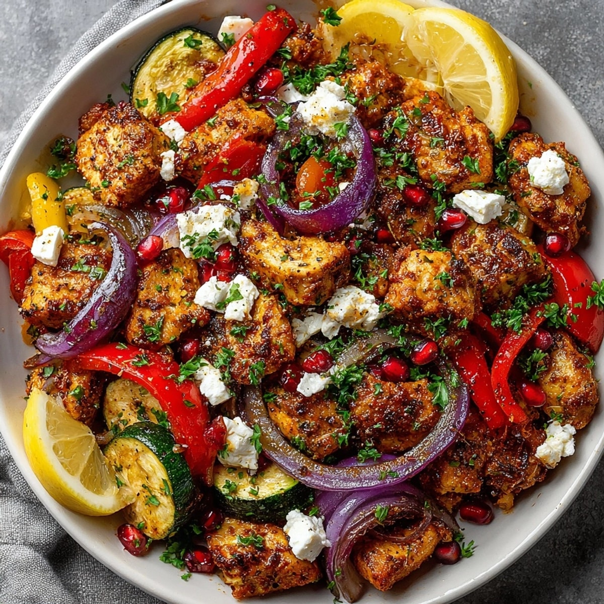 One-Pan Chicken Feta Pomegranate baked with roasted vegetables, garnished with fresh parsley and lemon wedges.