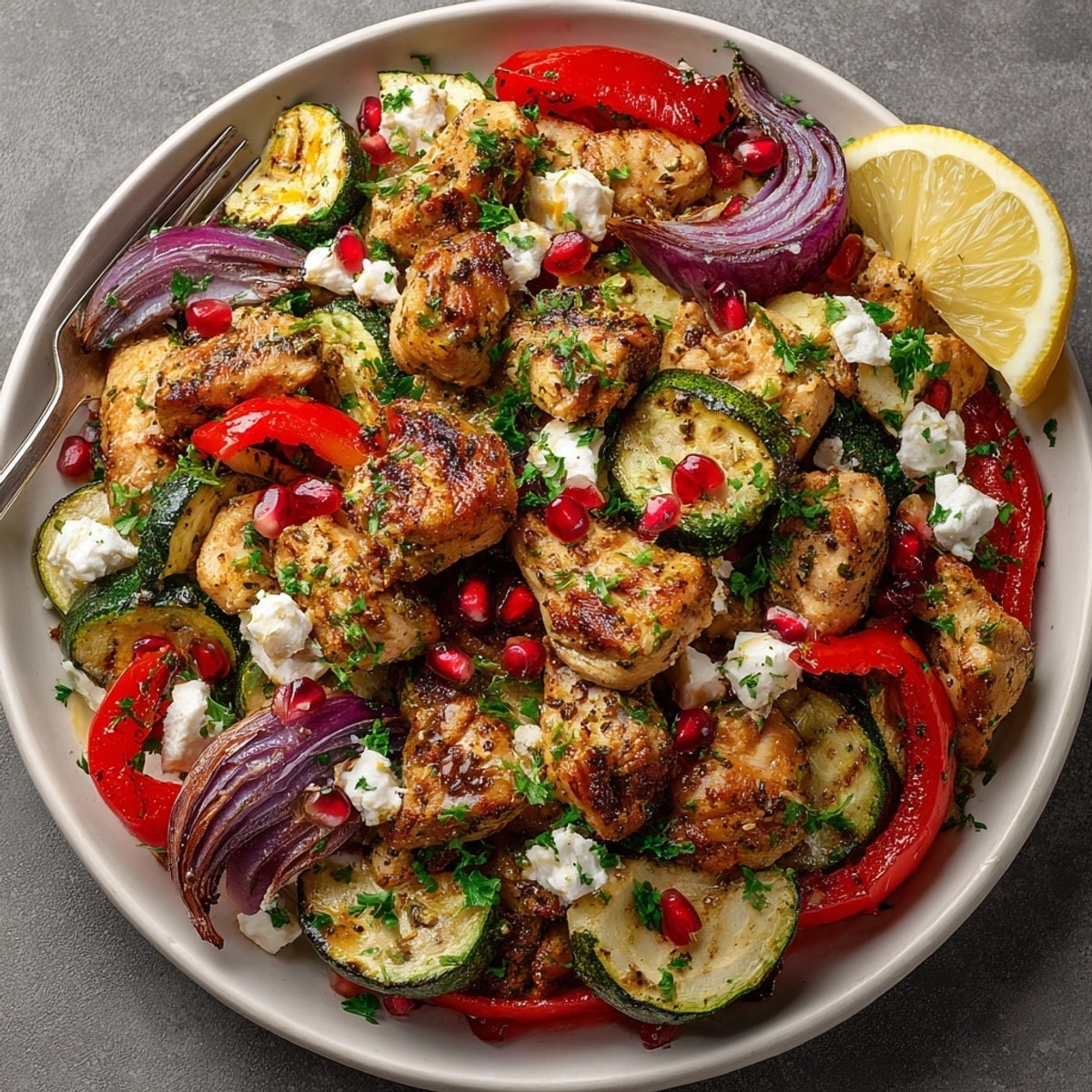 Roasted One-Pan Chicken Feta Pomegranate featuring caramelized veggies and vibrant Mediterranean toppings for easy weeknight dinners.