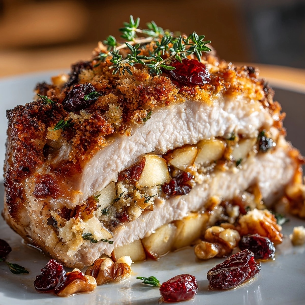 Harvest Apple Walnut Pork Chops shown on a rustic plate, golden and stuffed with spiced fruit filling.