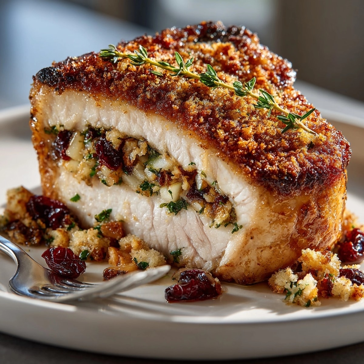 Succulent Harvest Apple Walnut Pork Chops sliced open, revealing juicy apple, walnut, and cranberry stuffing.