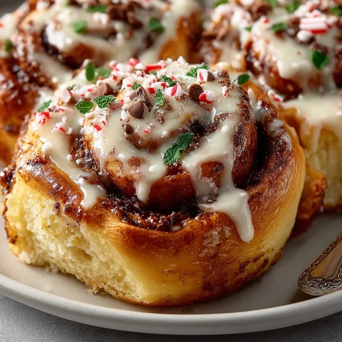 Close-up of peppermint bark cinnamon rolls drizzled with creamy glaze and sprinkled with crushed chocolate peppermint bark.