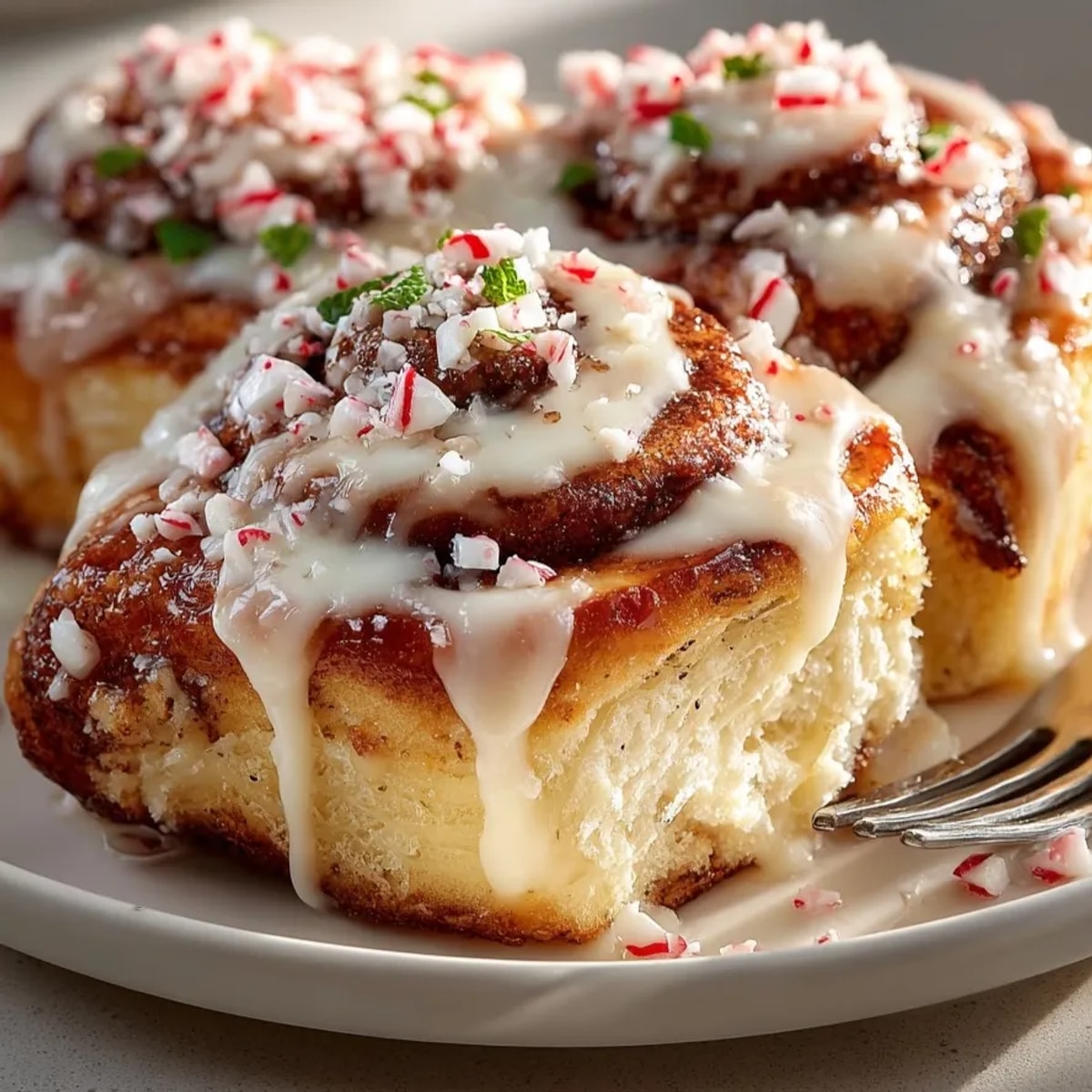 Freshly baked peppermint bark cinnamon rolls with gooey chocolate filling, cooling in a holiday breakfast kitchen scene.