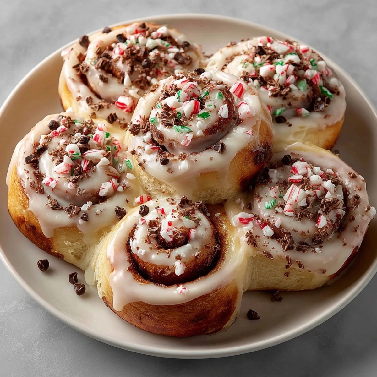 Warm peppermint bark cinnamon rolls topped with festive white glaze and bits of peppermint candy, ready to serve.