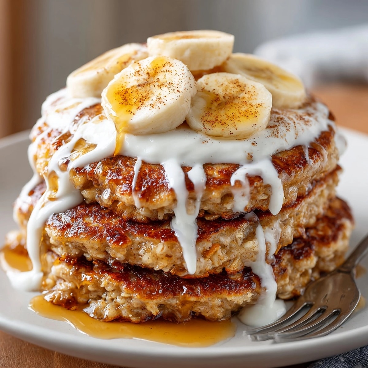 Stack of fluffy banana oat pancakes topped with creamy maple yogurt, perfect for breakfast.