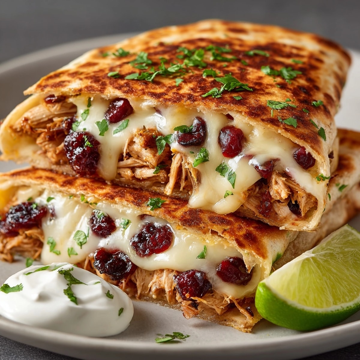 Golden-brown Cherry Chipotle Turkey Quesadilla Pockets with melted cheese, ready to eat, served with lime.