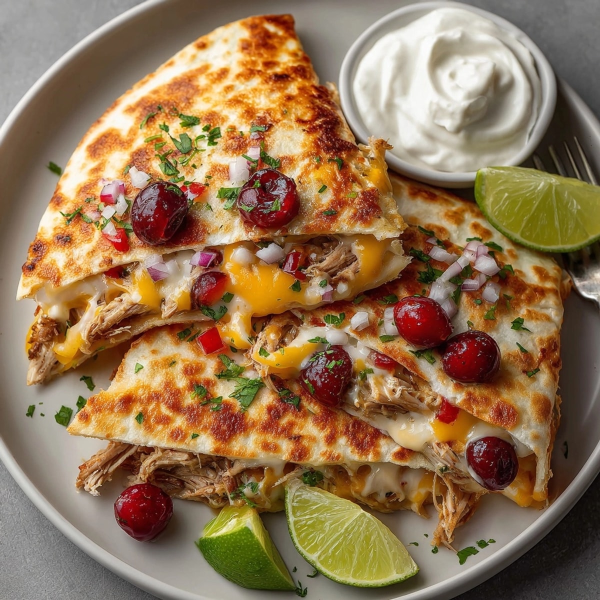 Perfectly cooked Cherry Chipotle Turkey Quesadilla Pockets, showcasing the spicy, sweet and savory flavors in a handheld meal.