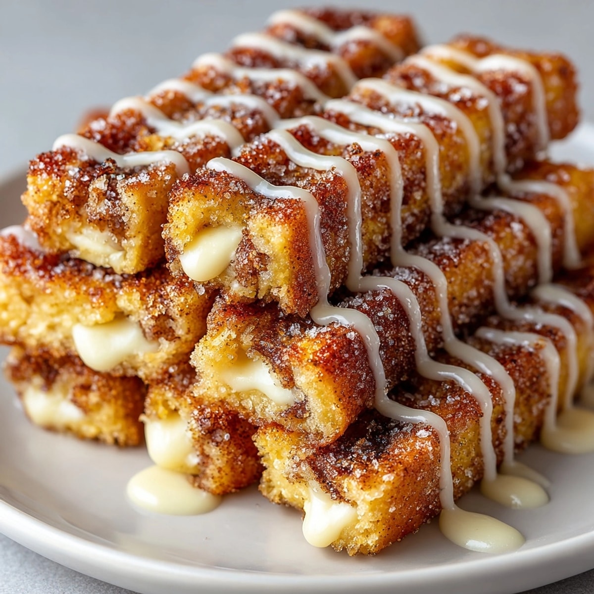 Fluffy Chaos Cinnamon Roll French Toast Fingers, drizzled with creamy glaze and ready for a delicious morning treat.