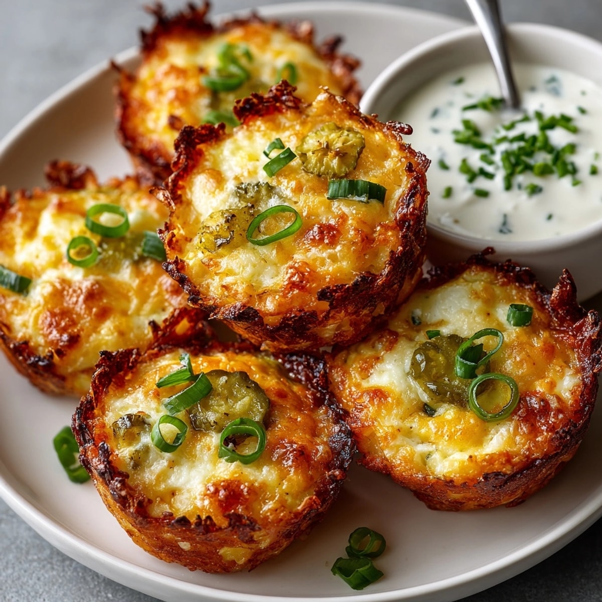 Golden-brown Pickle-Fix Hash Brown Egg Cups overflowing with cheesy eggs, served with cool creamy ranch.