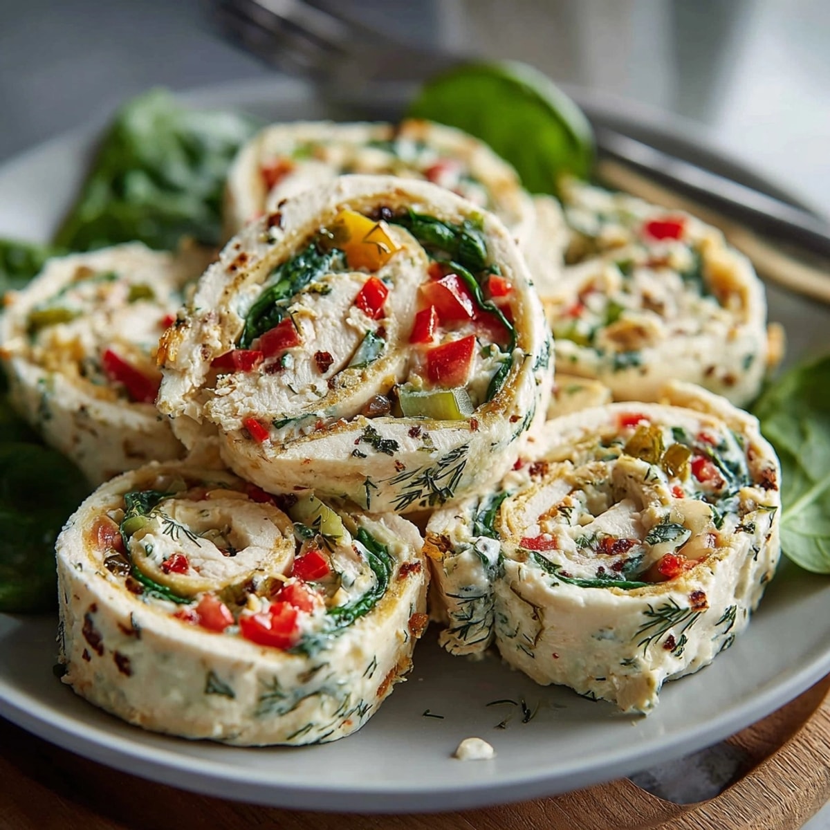 Dill Pickle Ranch Chicken Pinwheels, neatly sliced, reveal creamy filling, perfect for lunch or a snack.