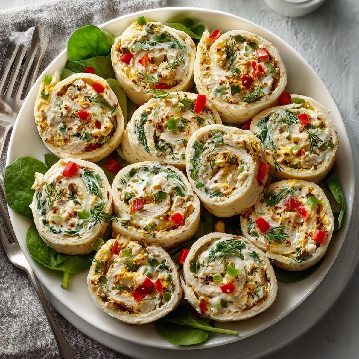 A close-up of Dill Pickle Ranch Chicken Pinwheels, offering a satisfying crunch and vibrant flavors.