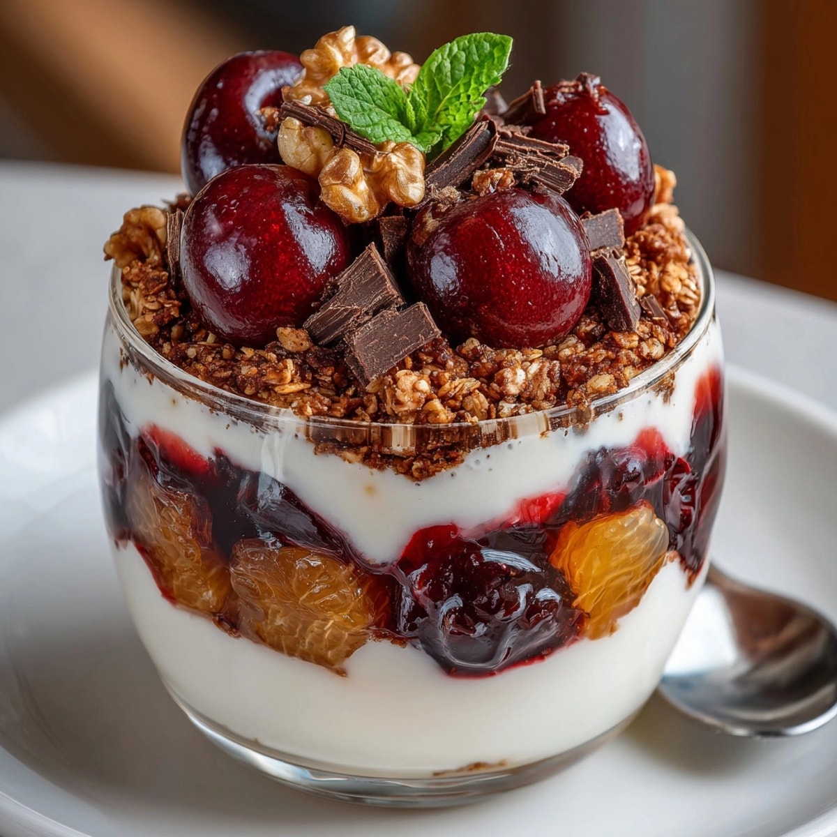 Layered Cherry-Coded Sunrise Parfait with cocoa crunch, showcasing the creamy yogurt and vibrant fruits.