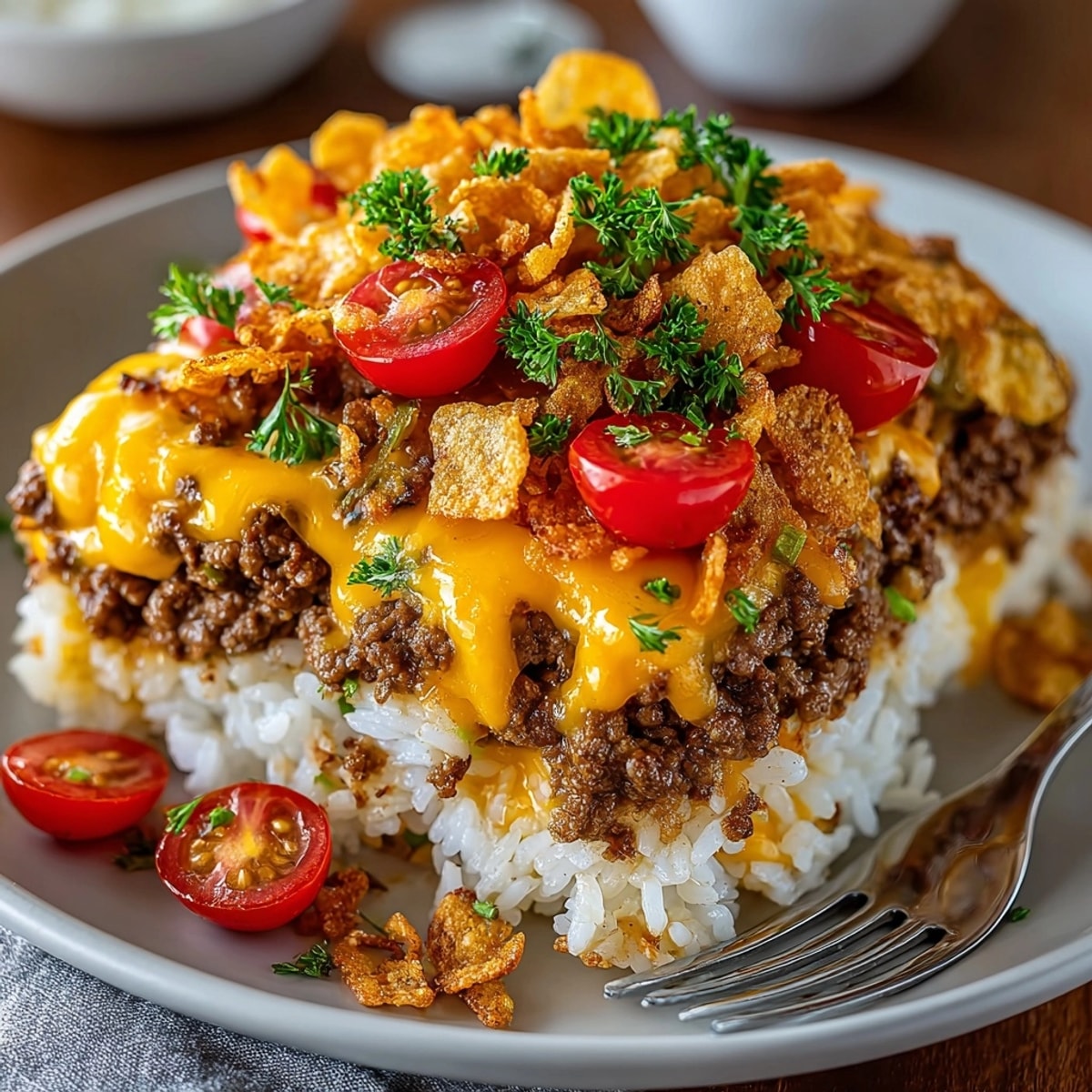 Cheeseburger Rice Skillet: a hearty, one-pan meal featuring cheesy beef and crispy pickle topping.