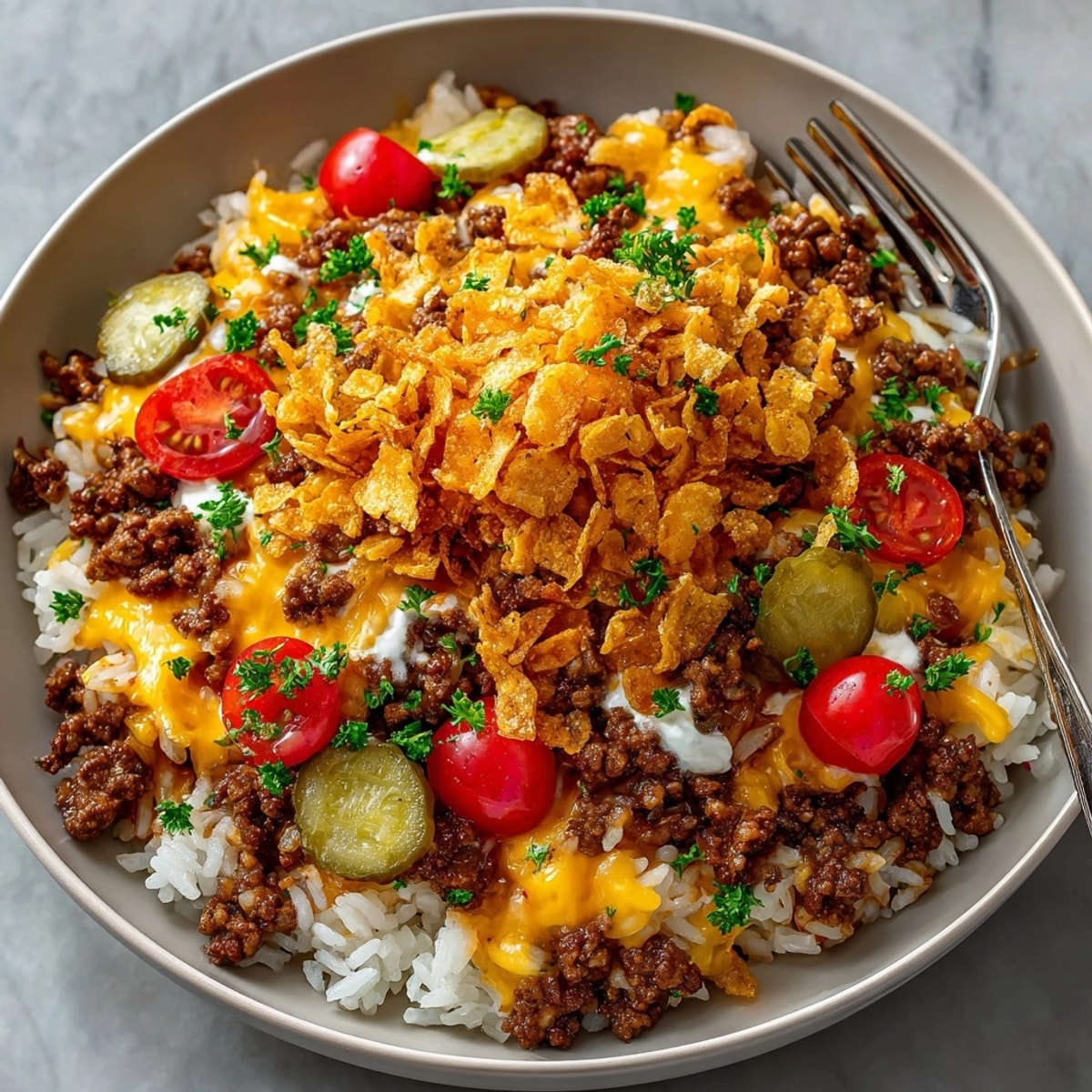This image shows a warm bowl of Cheeseburger Rice Skillet, a comforting family favorite served hot.