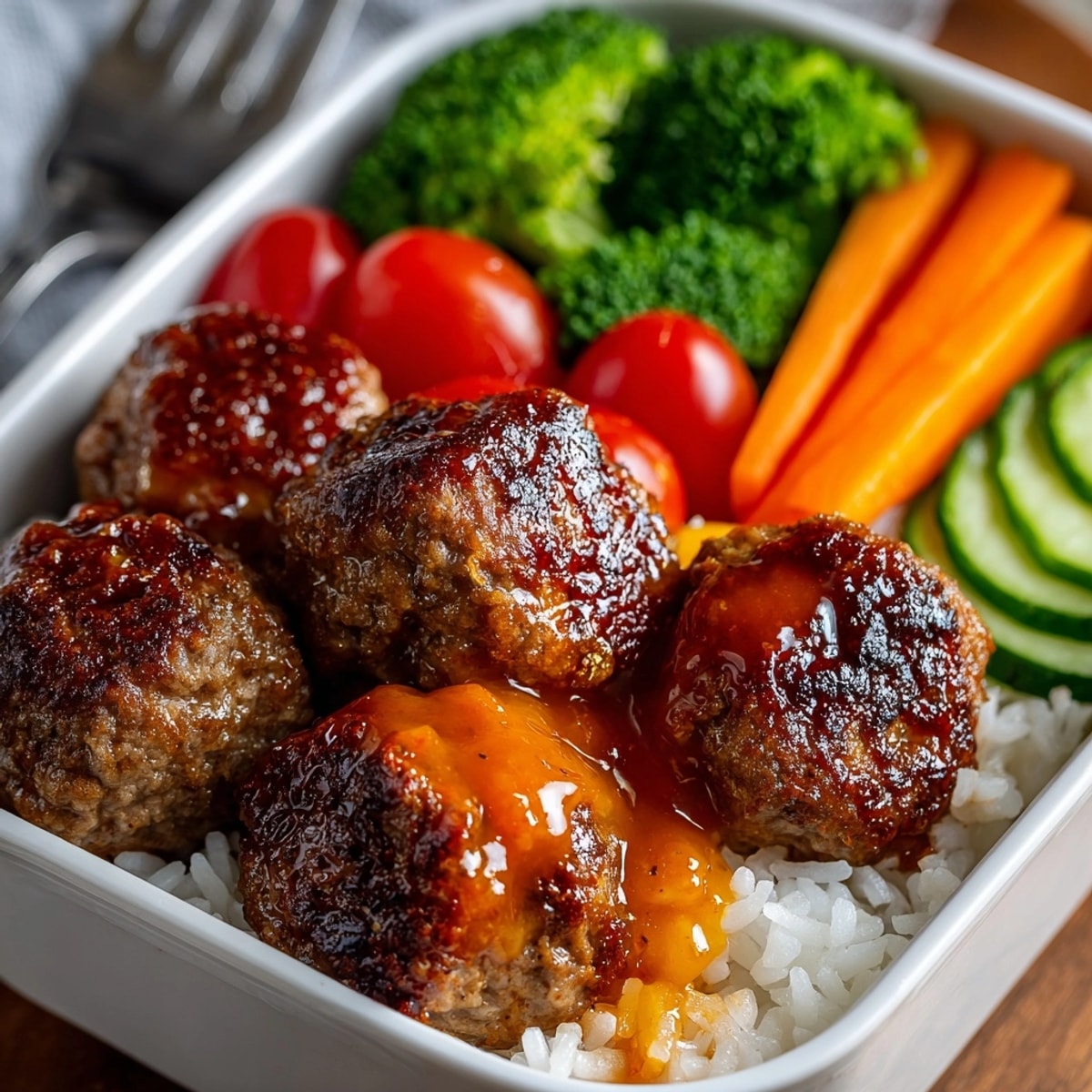 Juicy Orange Cream Soda BBQ meatballs glistening in a beautiful bento box lunch for enjoyment.