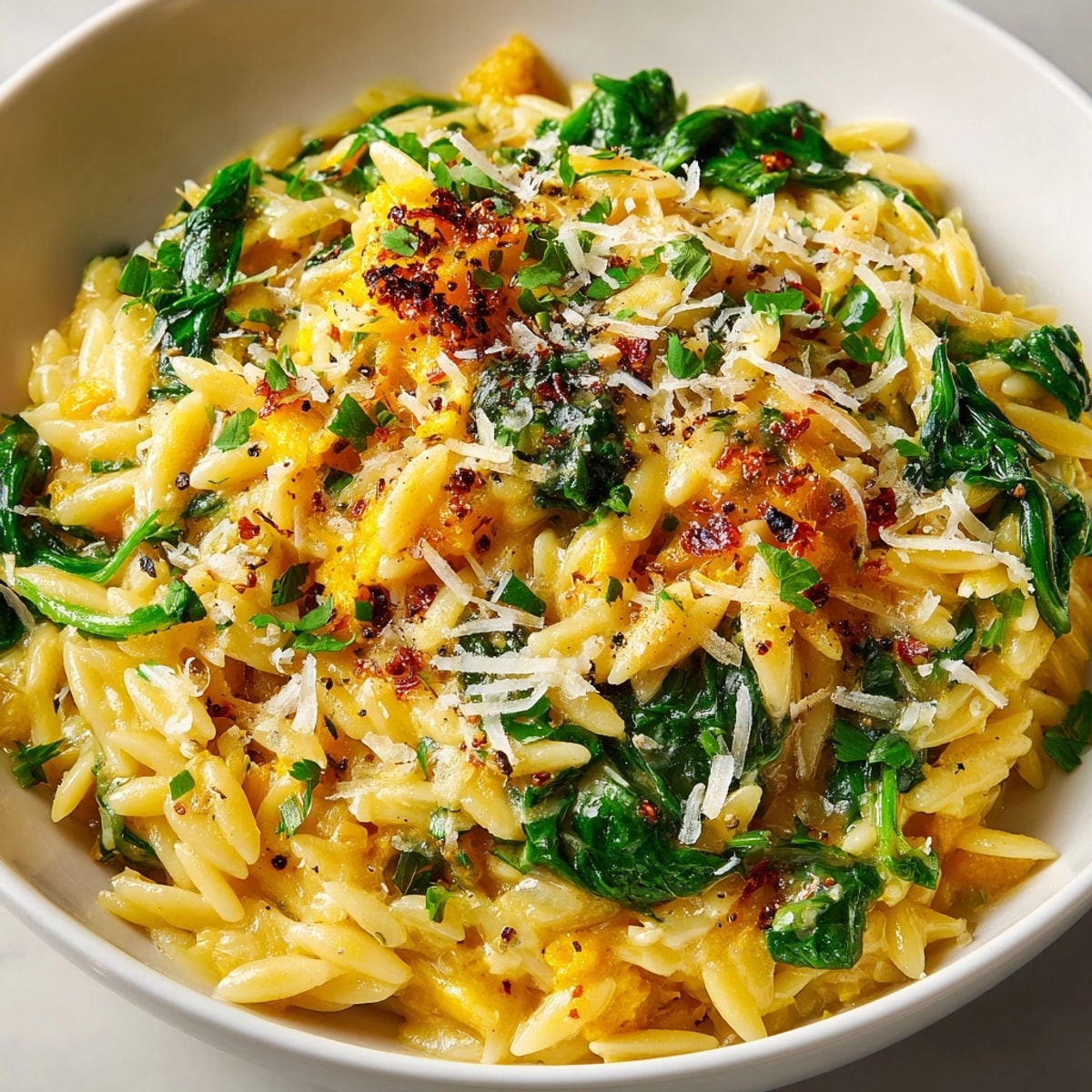 Warm, creamy One-Pot Pumpkin Parmesan Orzo with vibrant spinach, a cozy autumn dinner ready.