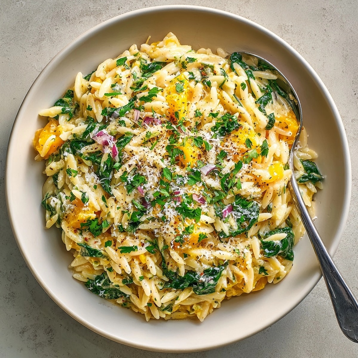 One-Pot Pumpkin Parmesan Orzo: a close-up of the creamy orzo with hints of pumpkin and Parmesan.