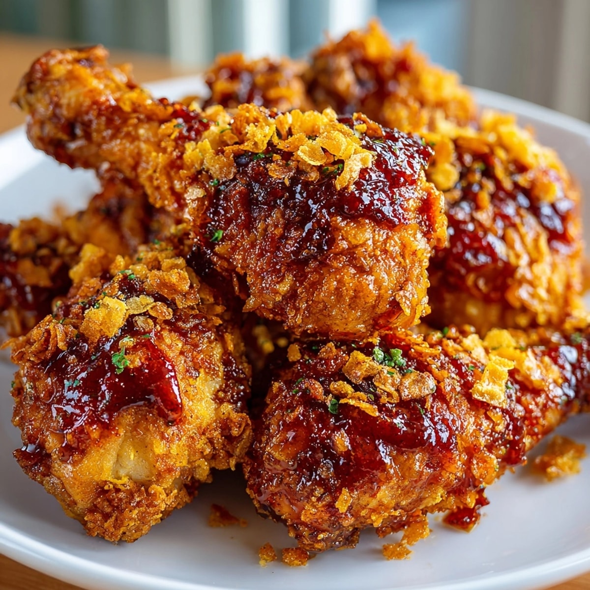 Golden, crispy Cream Soda BBQ Drumsticks with crunchy cornflakes, ready for a summer cookout.
