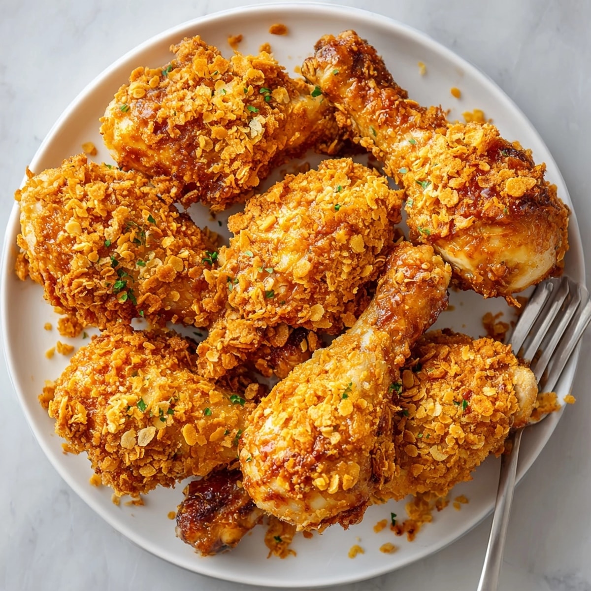 A close-up of succulent Cream Soda BBQ Drumsticks, coated in crispy cornflakes, ideal for a family meal.