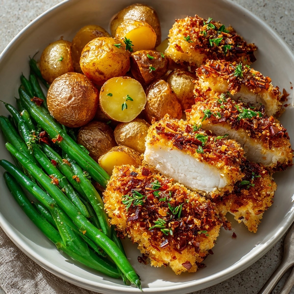 Golden brown pretzel-crusted sheet-pan chicken, roasted with potatoes, and vibrant green beans.