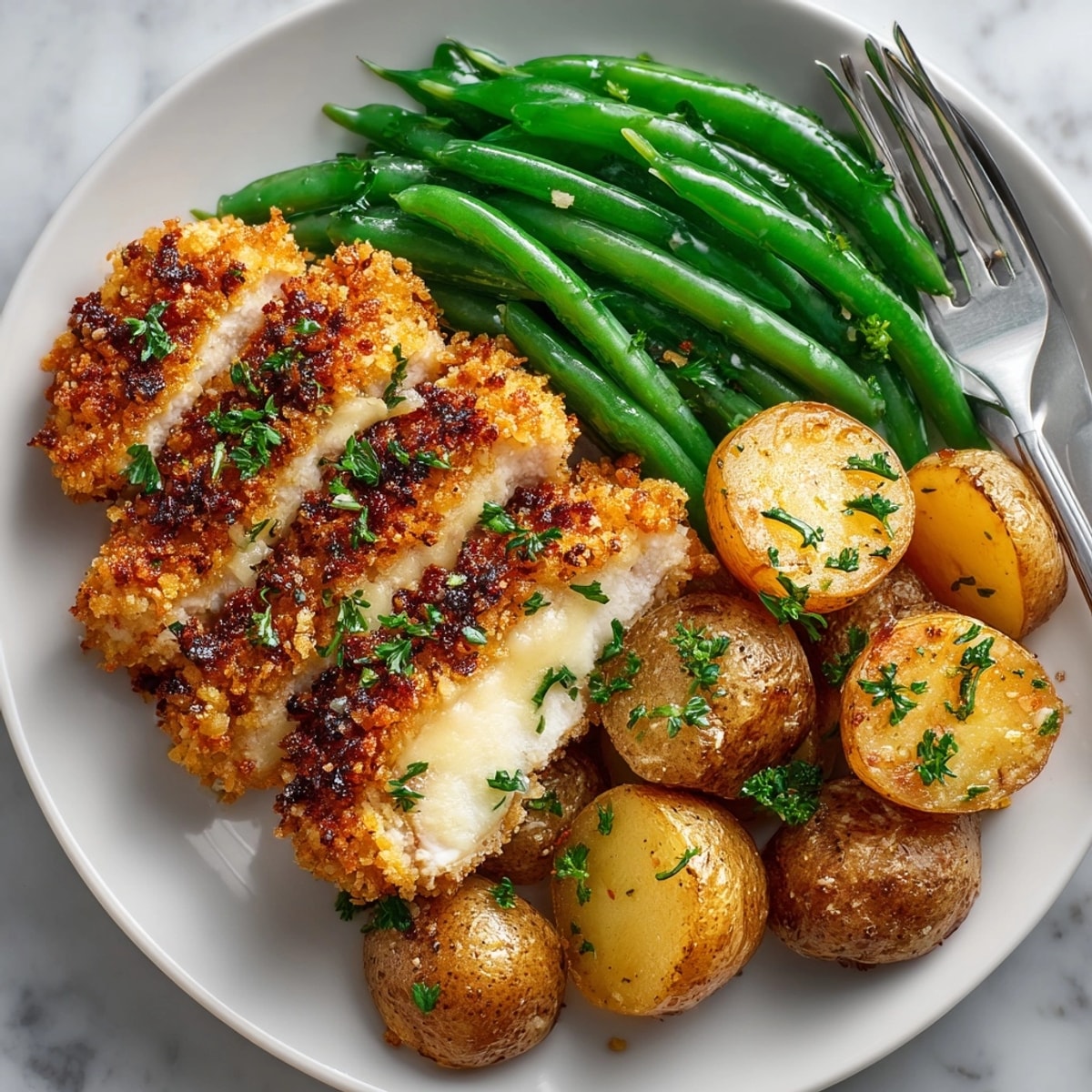 Crispy pretzel crust coats baked Pretzel-Crusted Sheet-Pan Chicken, potatoes, and side of cherry mustard.