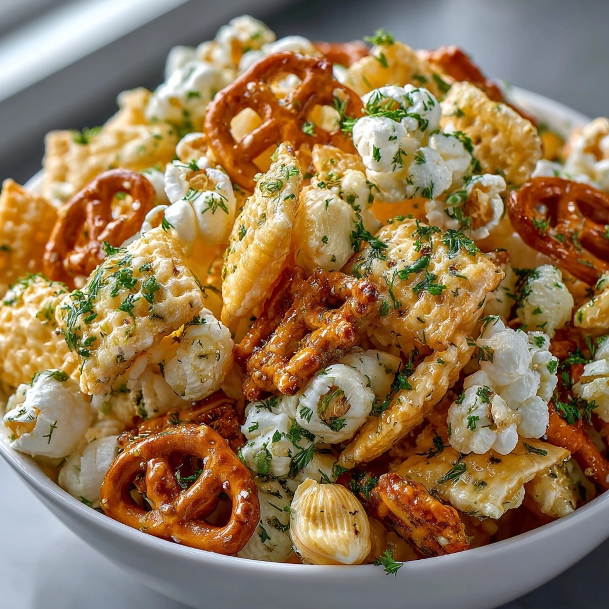 Close-up of Dill Pickle Ranch Cracker-Pop Mix, a savory snack with visible seasoning and crunchy textures.