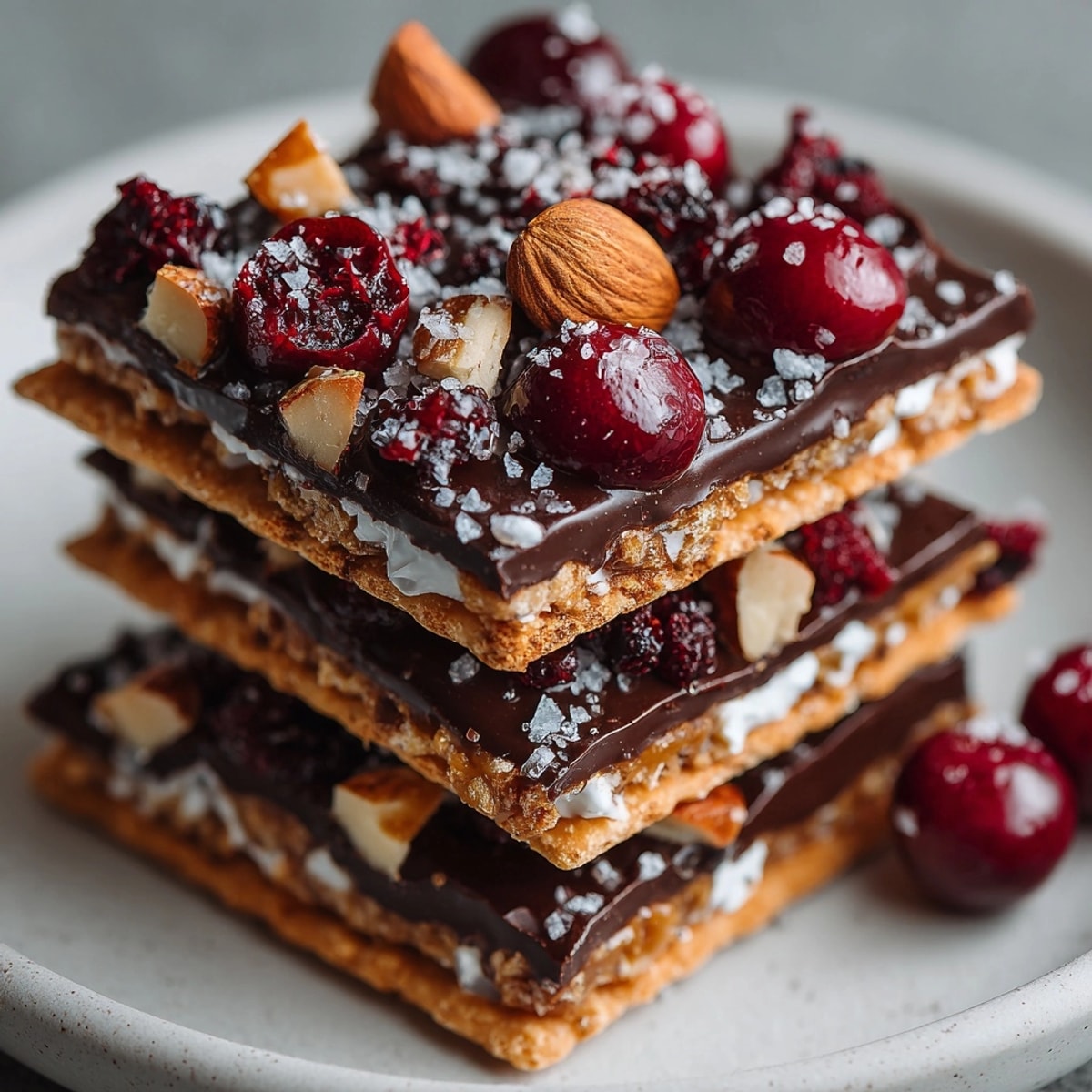 Golden, glistening Cherry-Coded Chocolate Toffee Saltine Crunch, a sweet and salty dessert masterpiece, ready to eat.