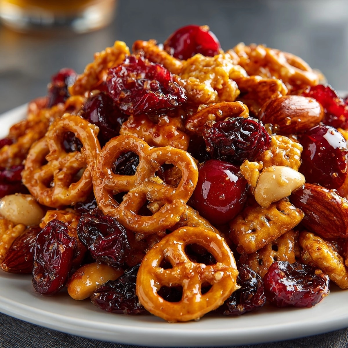 Golden, crunchy Cherry-Coded Hot Honey Pretzel Crunch Mix, a sweet and spicy snack, ready to eat.
