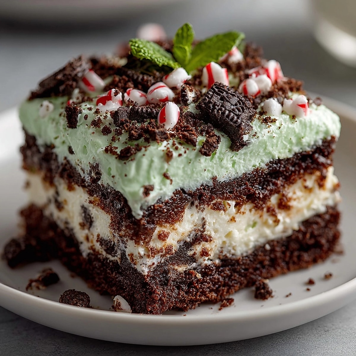 A close-up of Chaos Cake Peppermint Cookie Crumble Squares, offering a tempting chocolate and mint dessert.