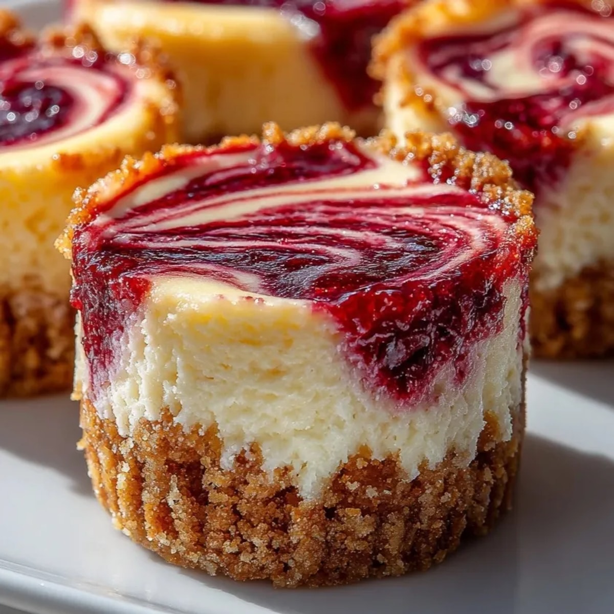 Cherry-Coded Cranberry Swirl Cheesecake Bites, swirled with vibrant red fruit, awaiting a rich, creamy taste.