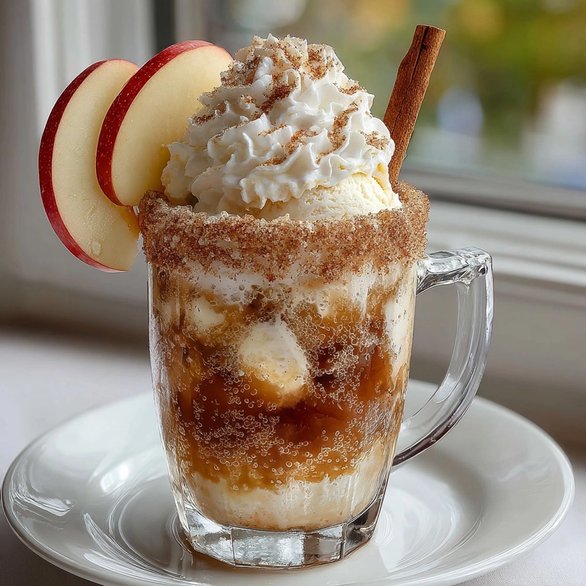 Cream Soda Spiced Apple Pie Float, fizzy drink with cinnamon sugar rim and apple garnish.