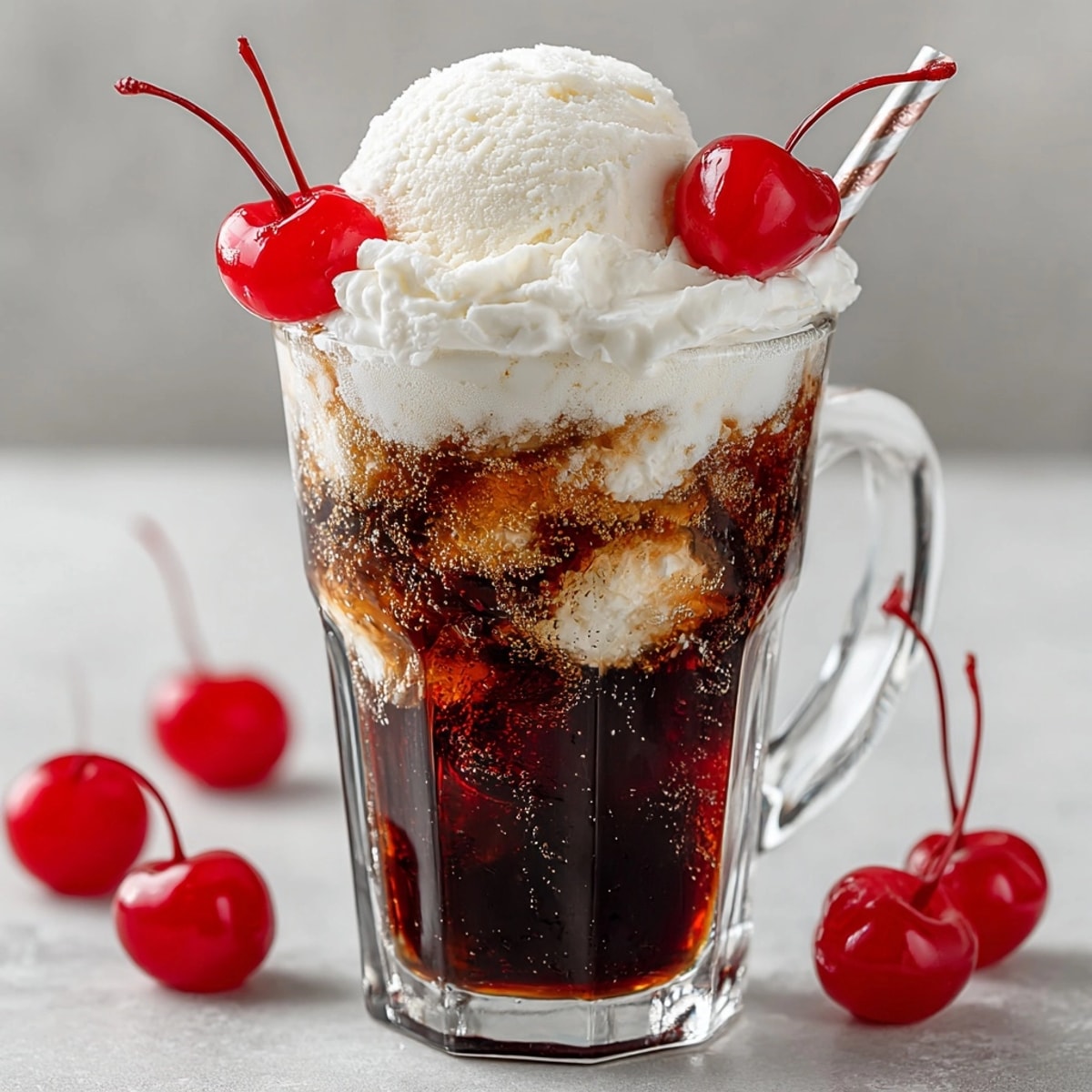 Enjoy a refreshing Rebel Float Cherry Cola Cream Fizz, a classic treat combining cherry cola and creamy ice cream.