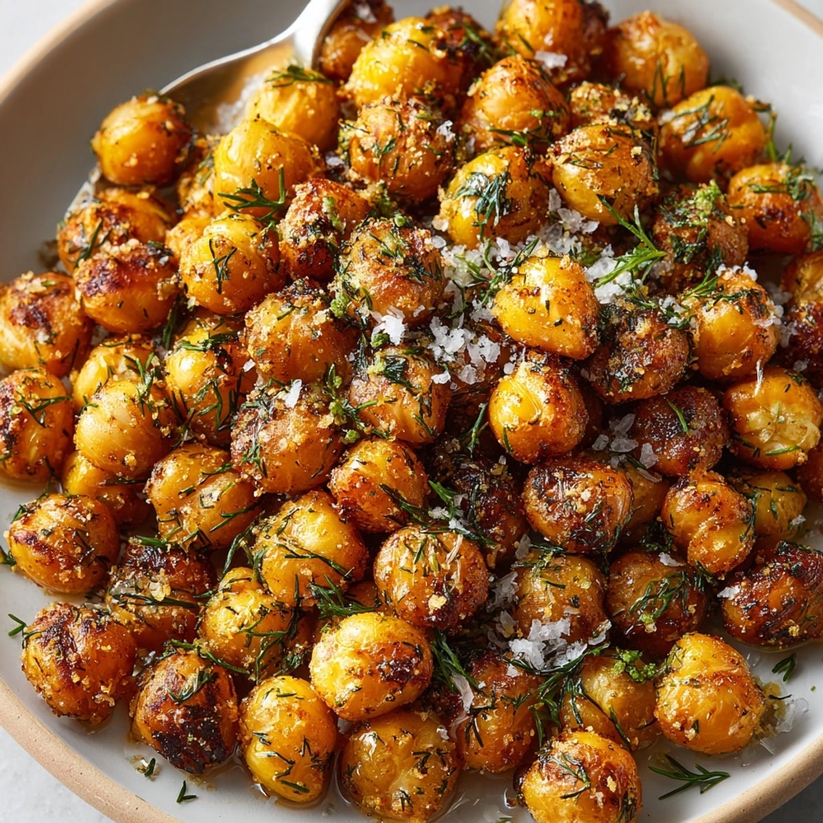 Golden, crispy Dill Pickle Dust Roasted Chickpeas sprinkled with flavorful dill seasoning atop a baking sheet.