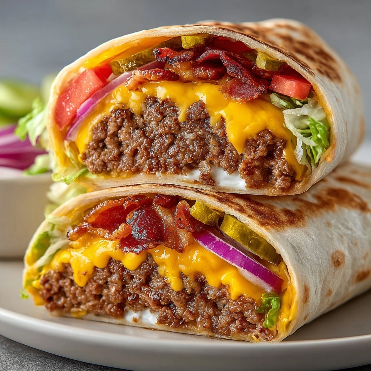 A delicious shot of the Pickle-Stuffed Bacon Cheeseburger Wraps with crispy bacon and melted cheese.