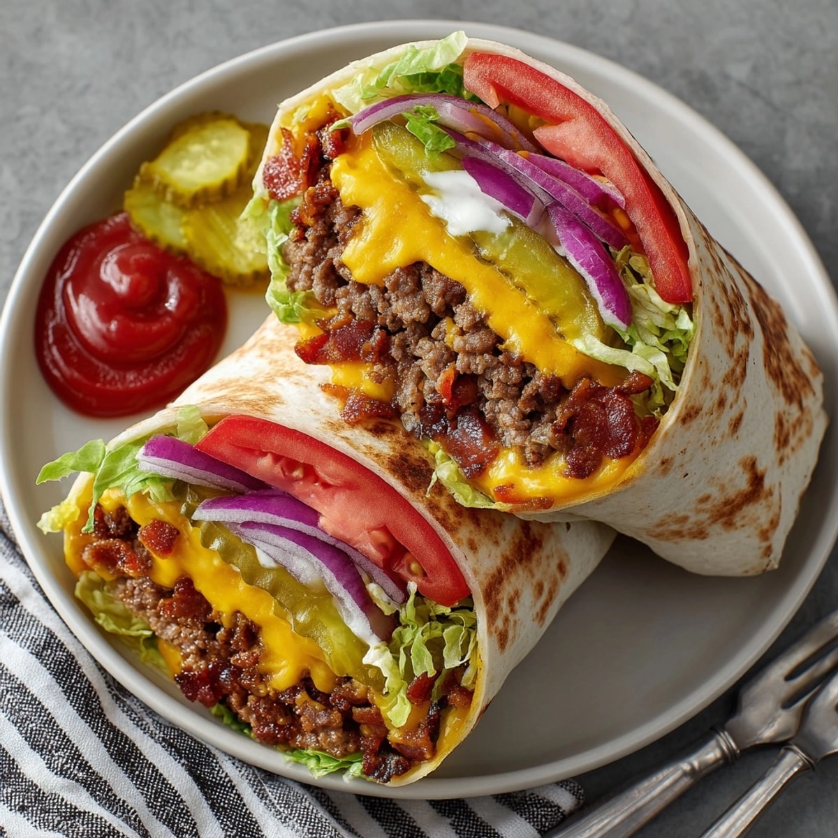 These loaded Pickle-Stuffed Bacon Cheeseburger Wraps are bursting with flavor and ready to enjoy.