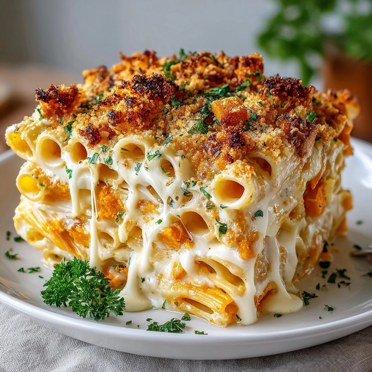 This baked Thanksgiving sweet potato pasta gratin shows off creamy, cheesy textures and a toasted breadcrumb topping.