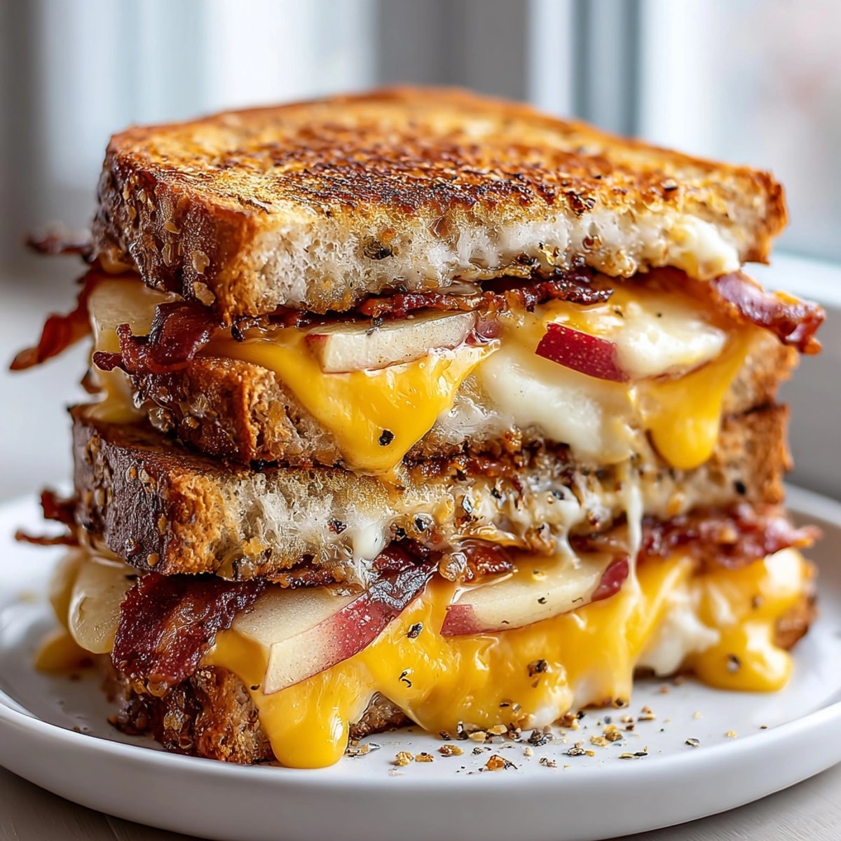Golden-brown Fall Maple Bacon Grilled Cheese, oozing melted cheddar with crispy bacon showcased.