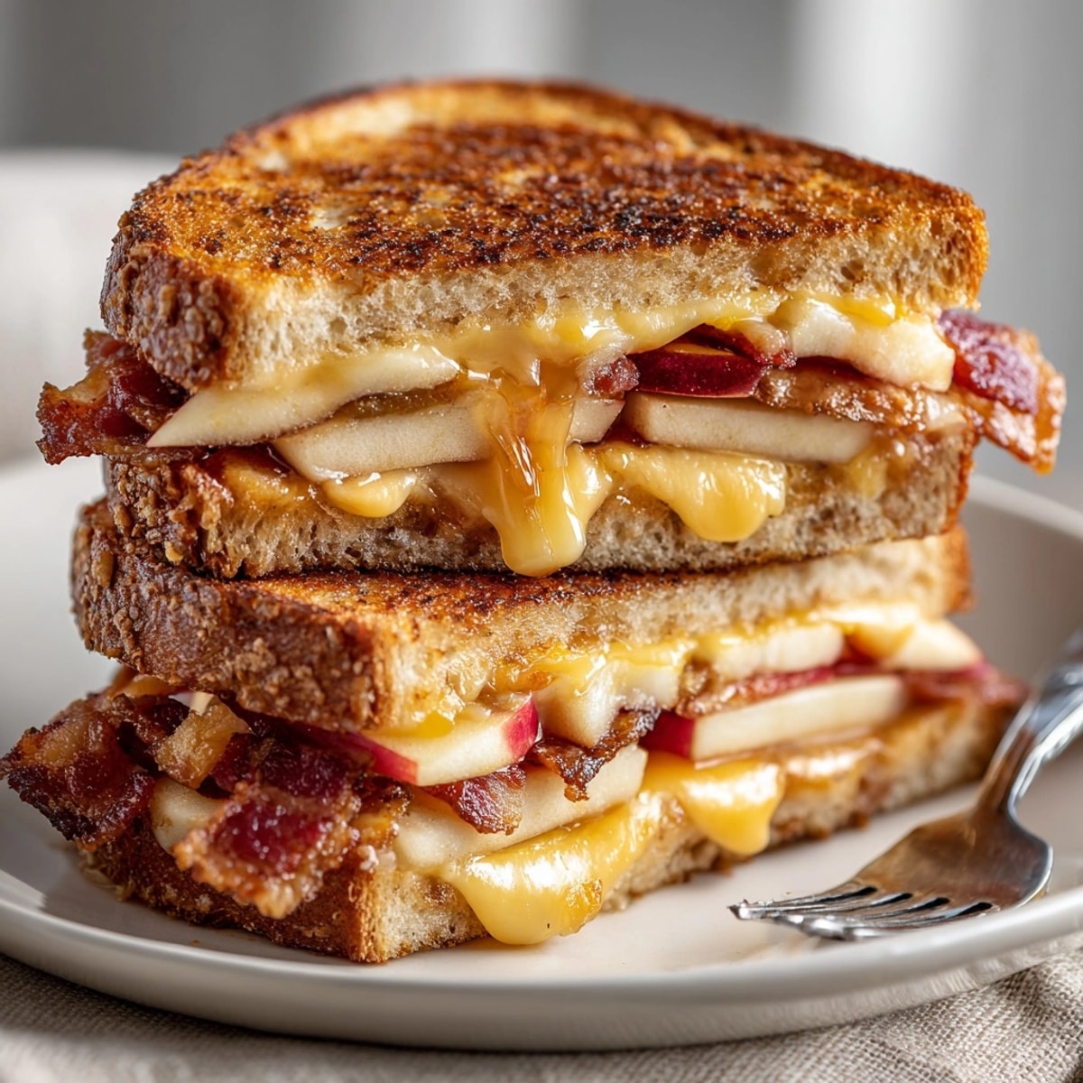 Maple syrup glazes the bacon in this delicious Fall Maple Bacon Grilled Cheese, ready to be devoured.