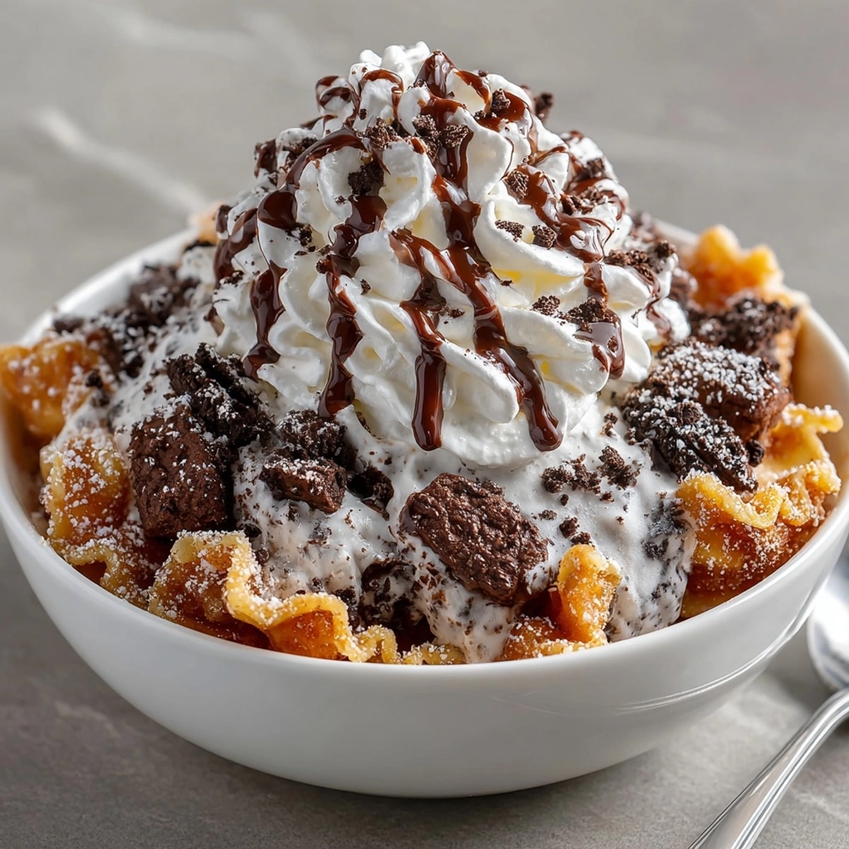 Fabulous Chaos Cake Oreo Crumb Pasta Dessert: a layered visual feast topped with whipped cream.