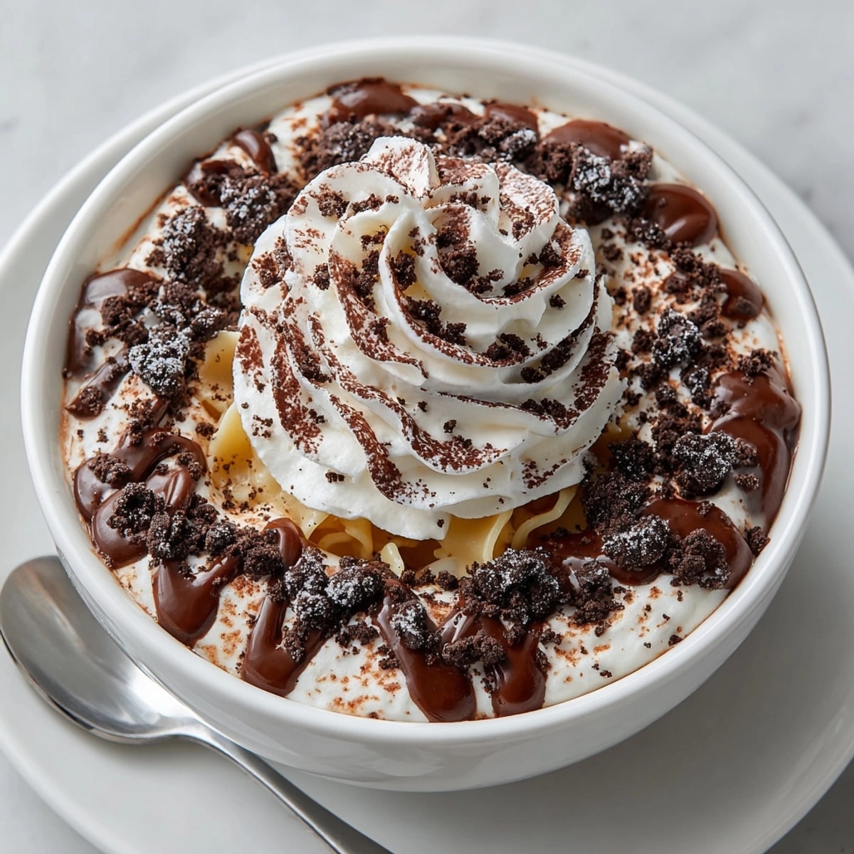 Delectable serving of Chaos Cake Oreo Crumb Pasta Dessert, with a generous sprinkling of Oreo crumbs.