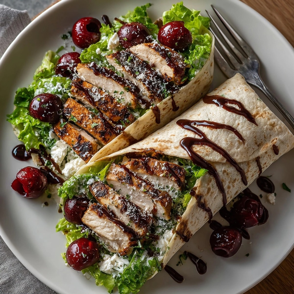 Freshly rolled Cherry Balsamic Chicken Caesar Wraps filled with crisp romaine, ready for a flavorful bite.
