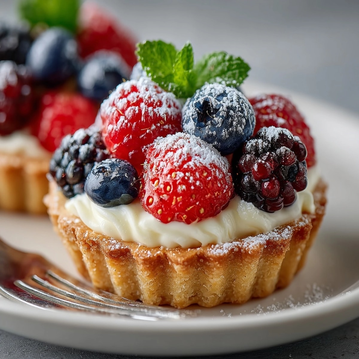 Freshly made Lemon Mascarpone Tartlets Berries, highlighting the colorful berries atop creamy, delicious tartlets.