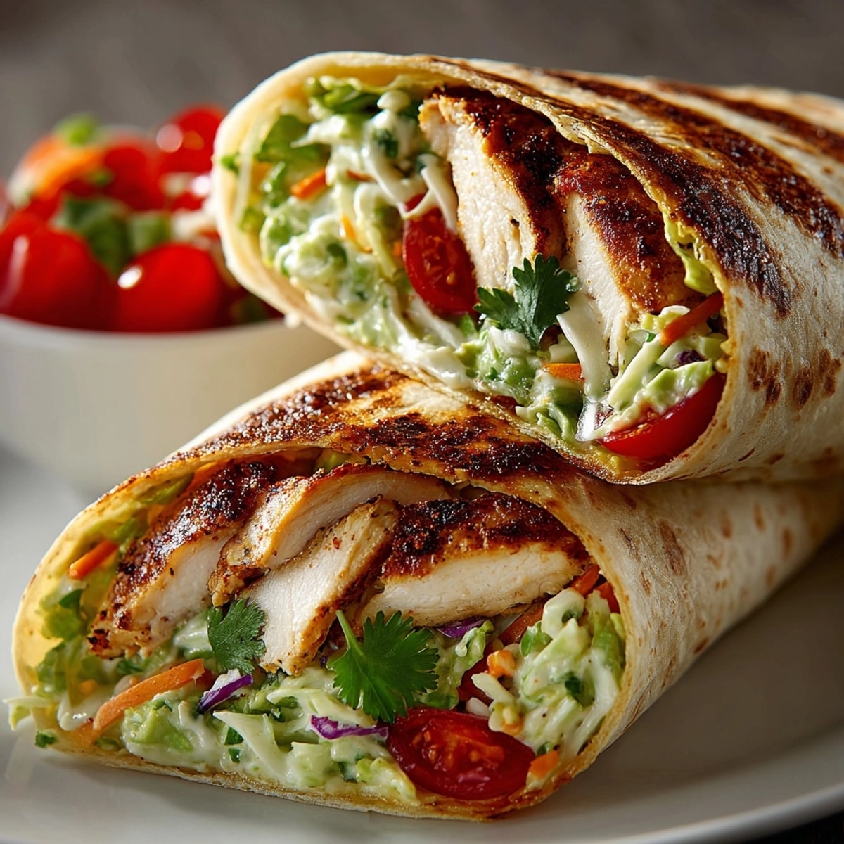 Juicy grilled chicken and creamy avocado-lime slaw wrapped in warm tortillas for lunch.