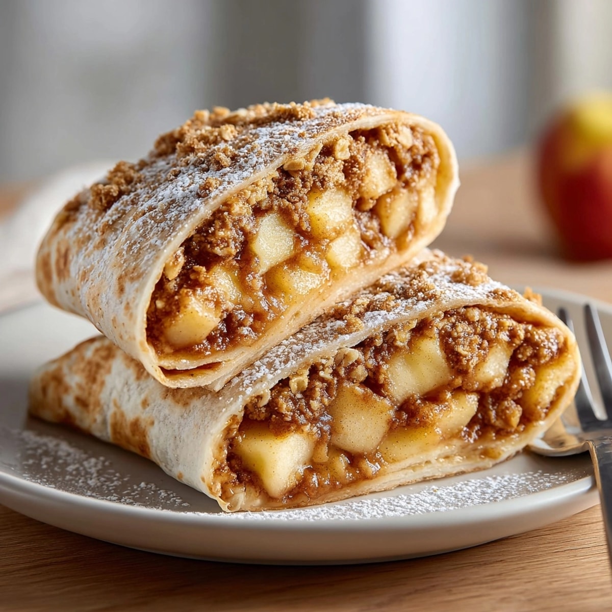 Warm Apple Pie Crumble Wraps, golden brown and cinnamon-sugar dusted, ready to eat.