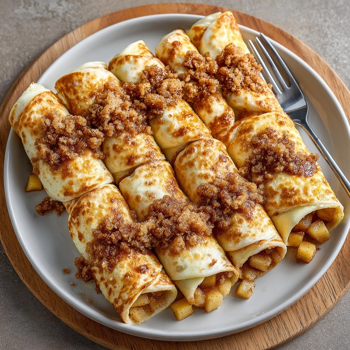 Freshly baked Apple Pie Crumble Wraps, oozing with cinnamon-spiced apple filling.